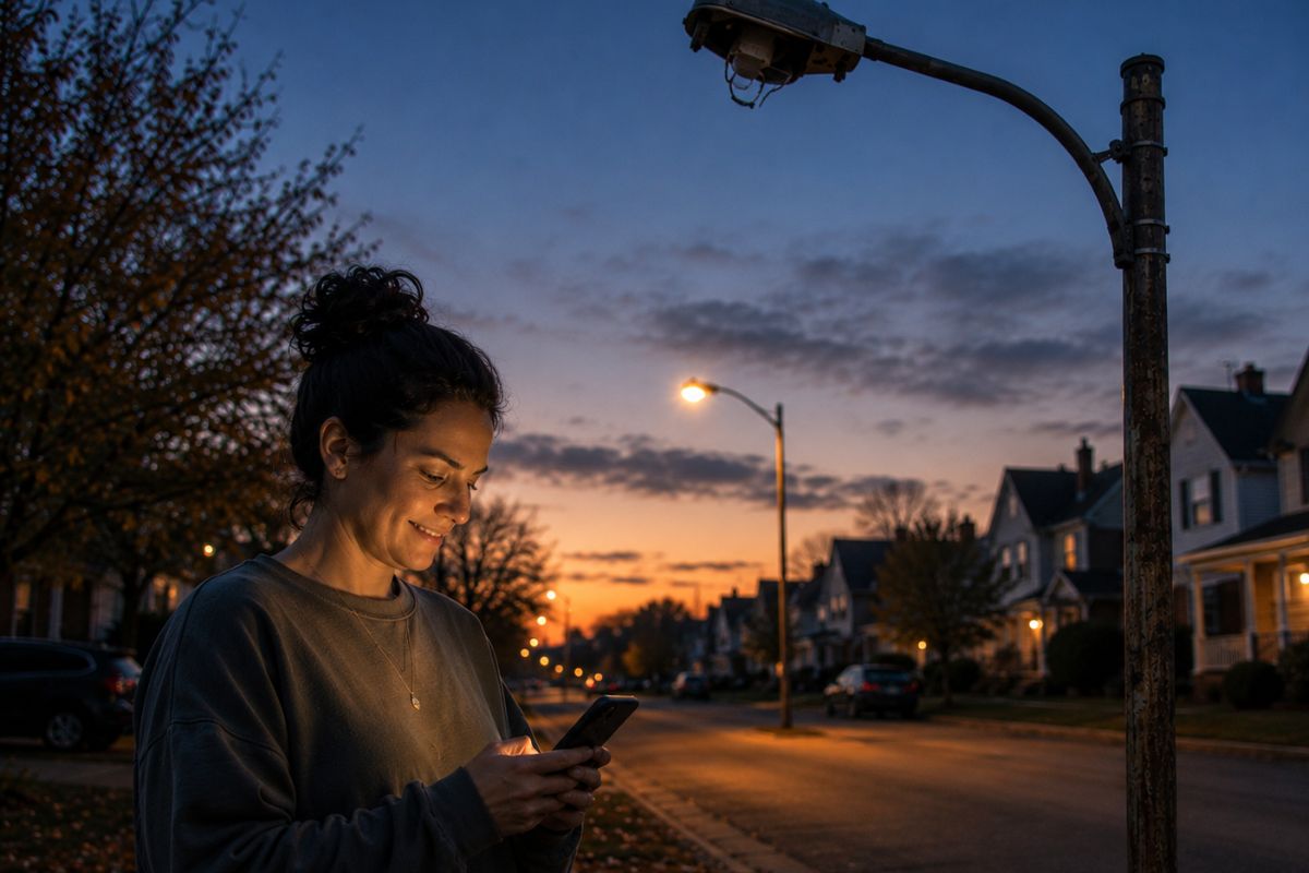 woman reporting a broken streetlight
